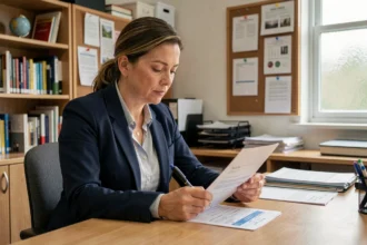 Enseignante examinant sa grille salariale et sa fiche de paie après une mutation dans un bureau administratif scolaire