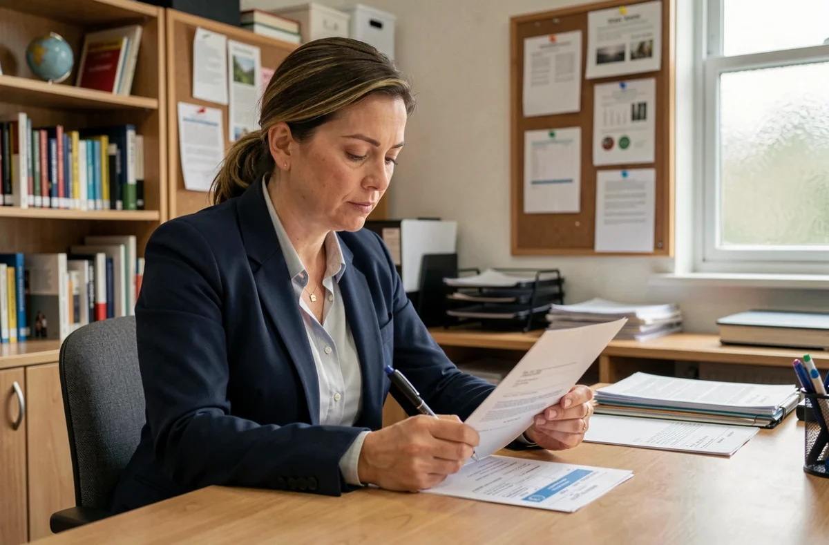 Enseignante examinant sa grille salariale et sa fiche de paie après une mutation dans un bureau administratif scolaire