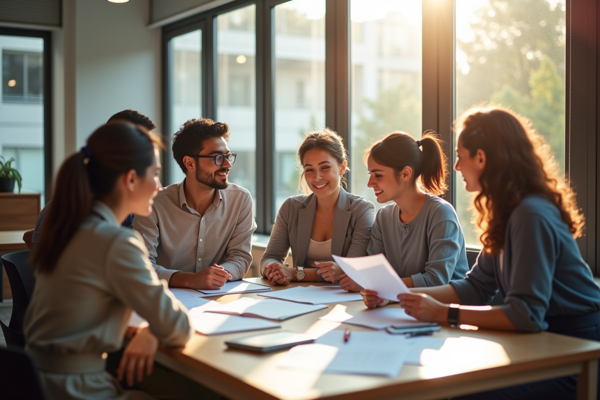 Groupe d'enseignants divers en réunion dans une salle moderne