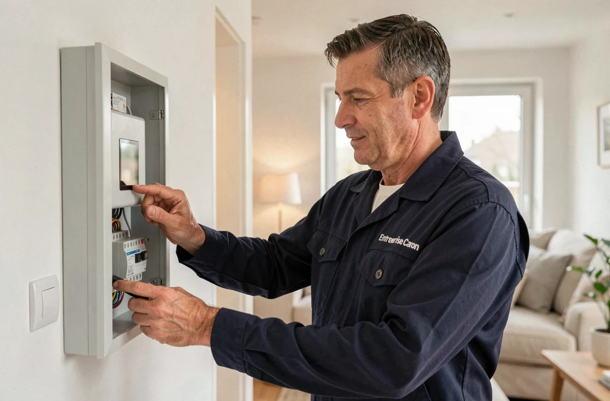 Électricien de l'Entreprise Caron installant un tableau domotique dans une maison contemporaine
