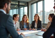 Groupe d'employes en réunion de travail en bureau moderne