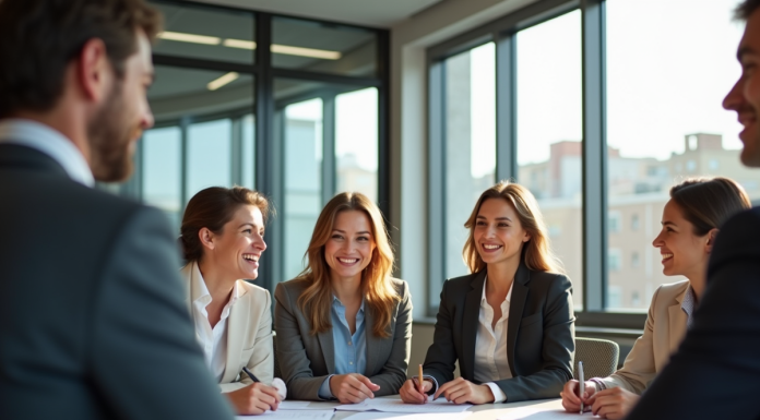 Groupe d'employes en réunion de travail en bureau moderne