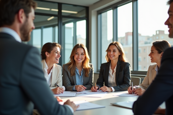 equipe-reunion-bureau Groupe d'employes en réunion de travail en bureau moderne