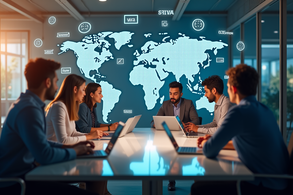Groupe multiculturel collaborant autour d une table avec symboles linguistiques