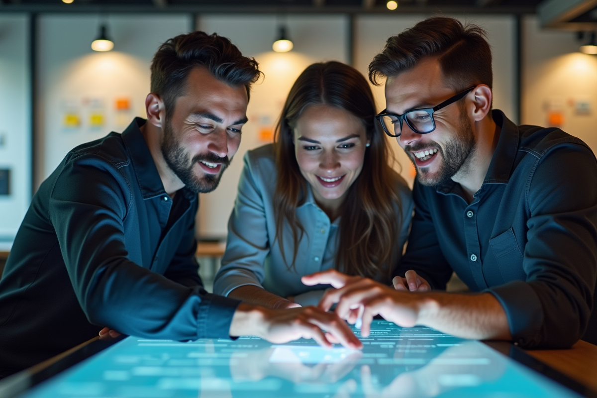 Groupe de trois designers UX/UI collaborant autour d’un écran tactile