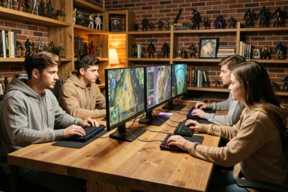 Groupe de joueurs organisés en équipe autour de PC gaming pour optimiser leur XP en coopération dans un jeu RPG