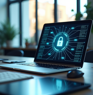 Espace de travail professionnel avec un ordinateur affichant des diagrammes de sécurité réseau