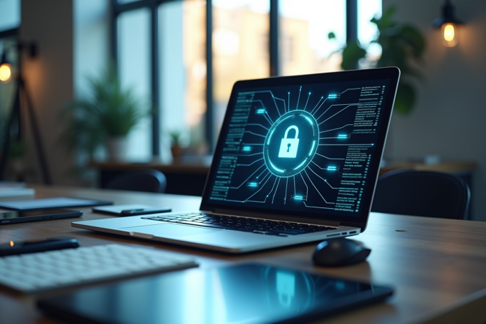 Espace de travail professionnel avec un ordinateur affichant des diagrammes de sécurité réseau