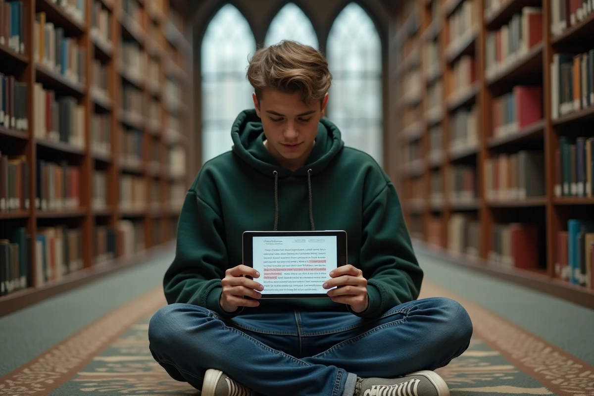 Étudiant utilisant une application de correction grammaticale française sur tablette dans une bibliothèque universitaire
