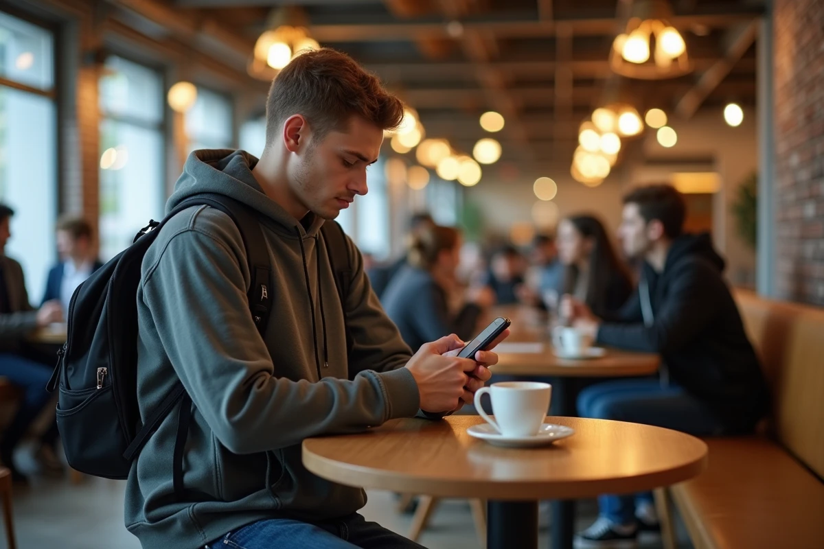 Étudiant consultant une encyclopédie collaborative en ligne sur smartphone dans un café universitaire