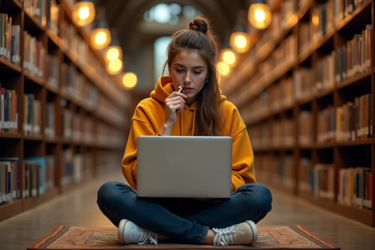 Jeune étudiante découvrant une faute d'orthographe sur son ordinateur portable dans une bibliothèque universitaire