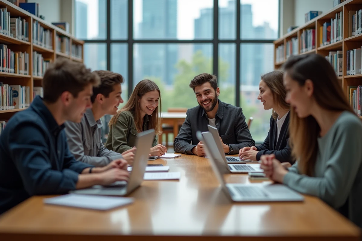 Groupe d'étudiants en bibliothèque moderne lors d'une discussion