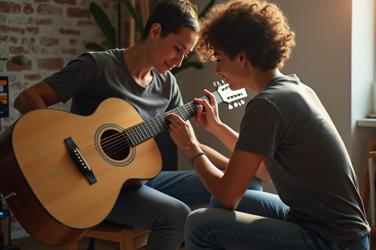 Femme évaluant la table d'harmonie d'une guitare dreadnought dans un studio à domicile avant de l'acheter