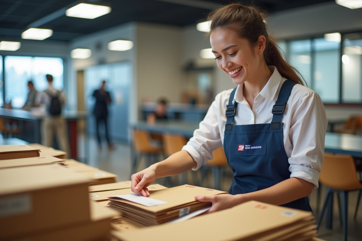 Facteur souriant triant des courriers dans un bureau moderne