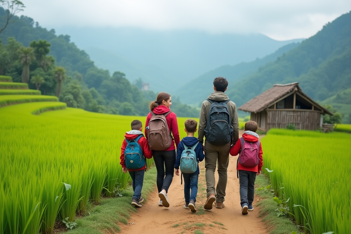 Famille en voyage dans une rizière en Asie du Sud-Est