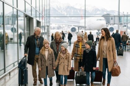 famille élégamment vêtue en voyage durant l'hiver festif