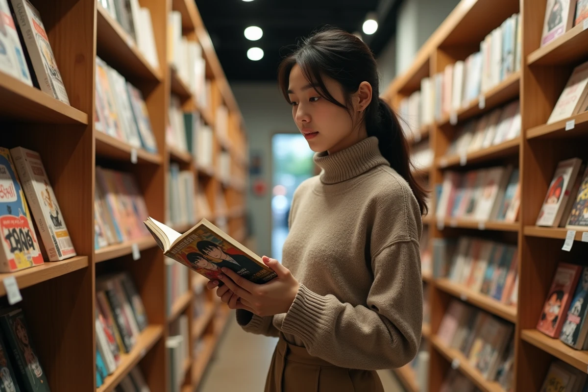 Une jeune femme fan de boy love choisissant un manga BL dans une librairie indépendante