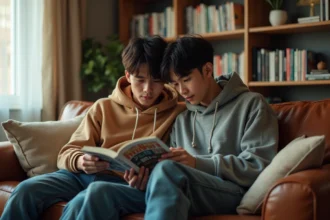 Deux jeunes hommes lisant un manga boy love ensemble dans un appartement cosy, illustrant l'univers du genre BL
