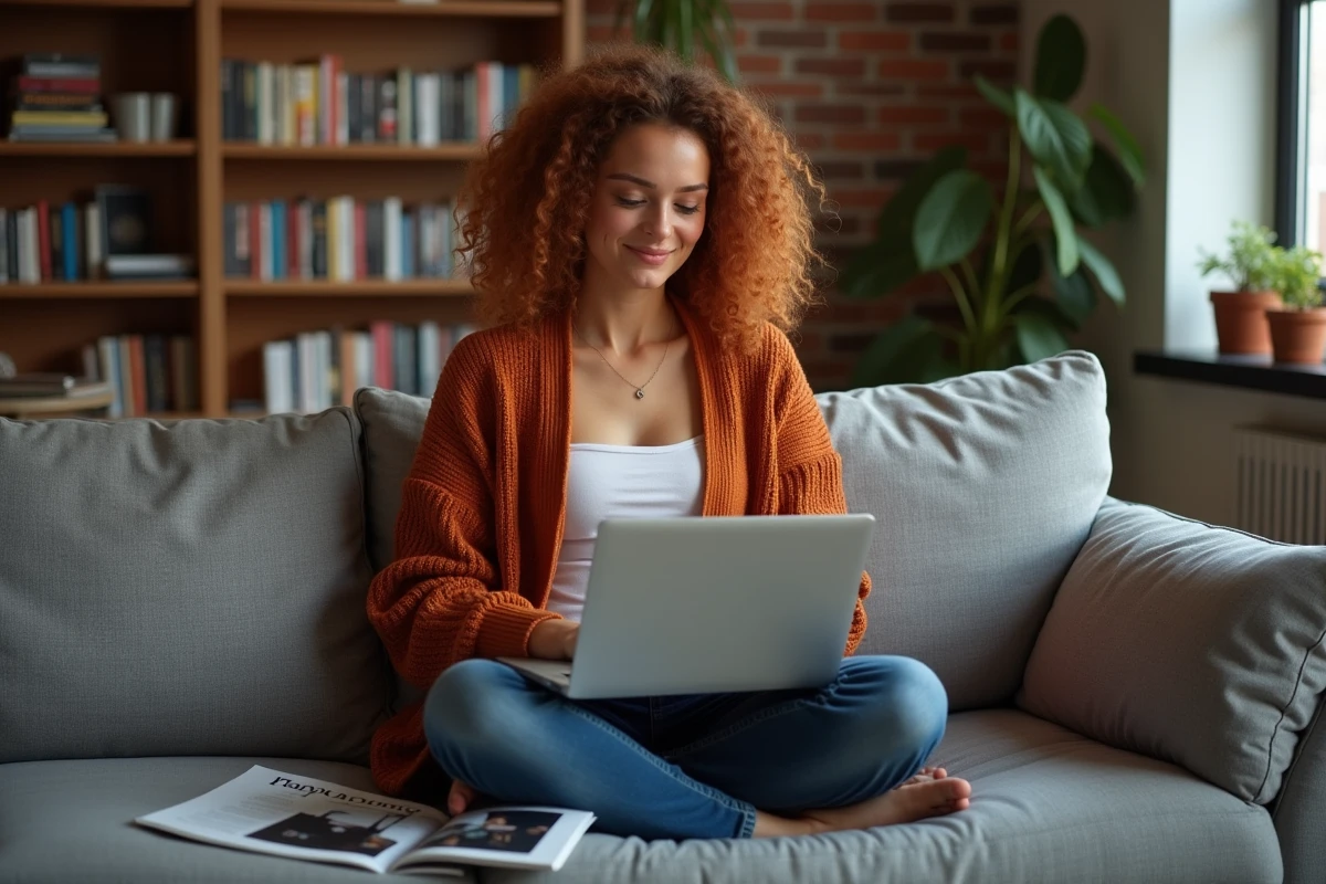 Jeune femme comparant abonnement numérique et achat physique du magazine Garan Cedore sur son canapé avec un ordinateur portable