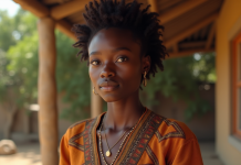 Jeune femme à la peau foncée avec regard expressif en extérieur