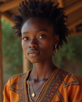 Jeune femme à la peau foncée avec regard expressif en extérieur