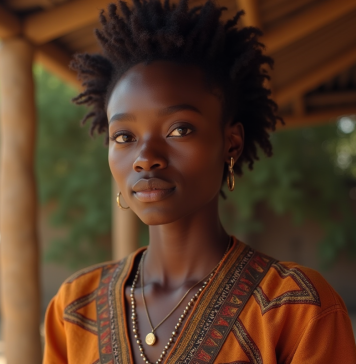 Jeune femme à la peau foncée avec regard expressif en extérieur
