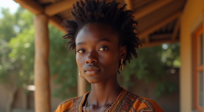 Jeune femme à la peau foncée avec regard expressif en extérieur
