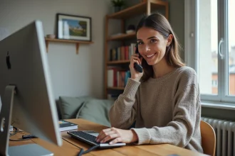 Femme au téléphone fixe dans un appartement moderne