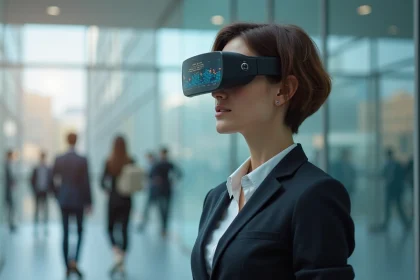 Femme en costume avec lunettes AR dans un lobby moderne