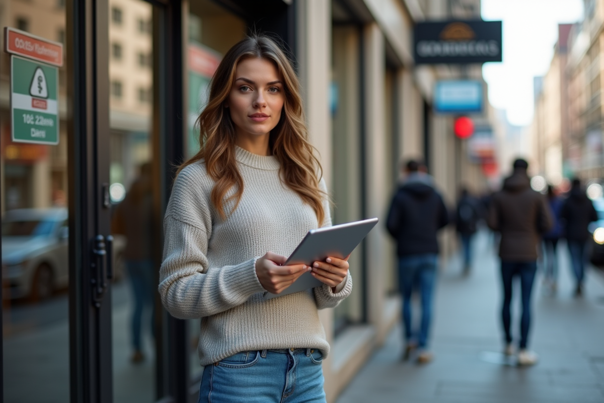 Femme dehors devant une banque tenant une tablette avec graphique