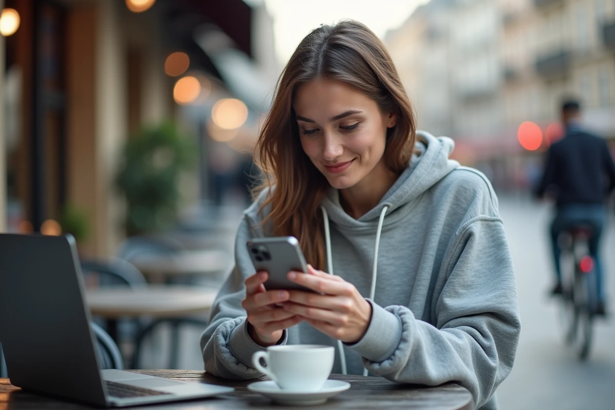 Jeune femme au café urbain utilisant son smartphone en journée