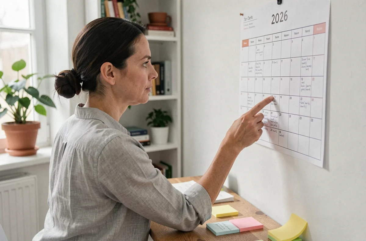 Femme annotant un calendrier annuel 2026 avec semaines paires et impaires dans un bureau à domicile