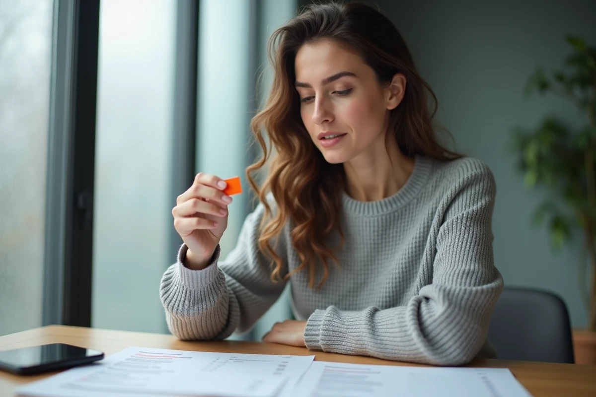 Femme tenant une carte SIM Orange entre ses doigts avec une liste de prix en arrière-plan
