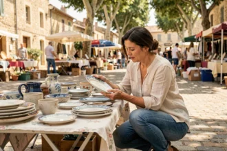 Femme inspectant des céramiques vintage sur un stand de vide-grenier en Lot-et-Garonne