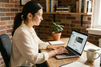Femme utilisant un ordinateur portable pour se connecter à Eliterencontre depuis un bureau à domicile