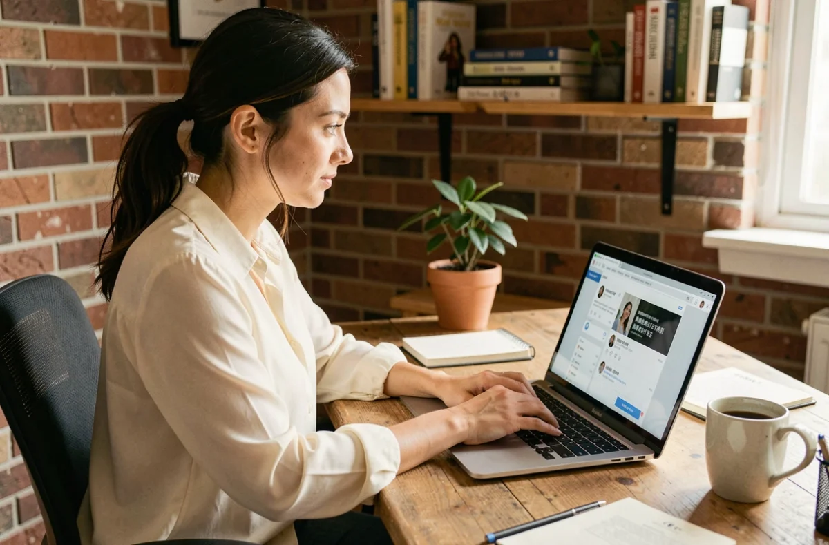 Femme utilisant un ordinateur portable pour se connecter à Eliterencontre depuis un bureau à domicile