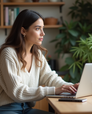 Jeune femme pensant dans son appartement cosy