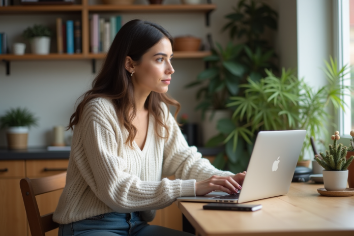 Jeune femme pensant dans son appartement cosy