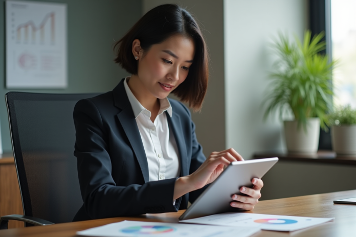 Femme d'affaires analysant un diagramme sur une tablette