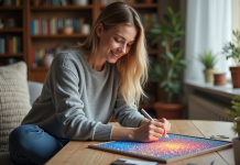 Jeune femme concentrée à peindre avec des diamants