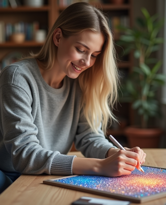 Jeune femme concentrée à peindre avec des diamants