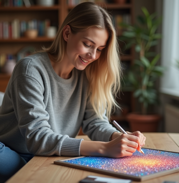 Jeune femme concentrée à peindre avec des diamants