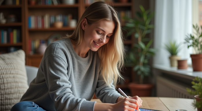Jeune femme concentrée à peindre avec des diamants