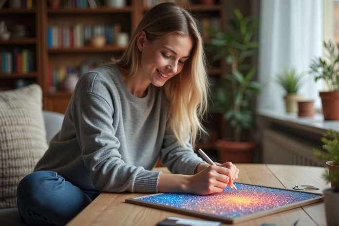 femme-diamants-peinture Jeune femme concentrée à peindre avec des diamants