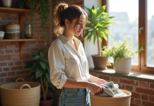 Jeune femme plie des vêtements écologiques dans un intérieur lumineux