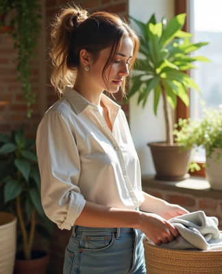 Jeune femme plie des vêtements écologiques dans un intérieur lumineux