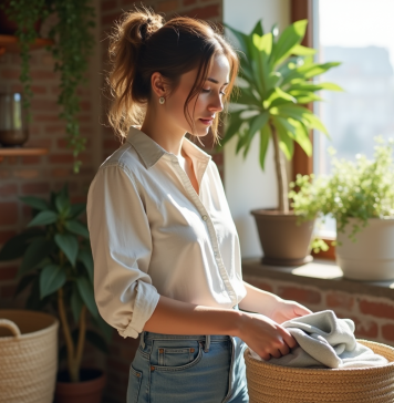 Mode durable : définition, enjeux et pratiques à adopter pour être éco-responsable Jeune femme plie des vêtements écologiques dans un intérieur lumineux