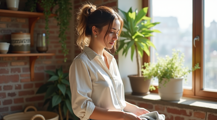 Jeune femme plie des vêtements écologiques dans un intérieur lumineux