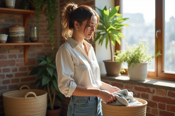 Jeune femme plie des vêtements écologiques dans un intérieur lumineux