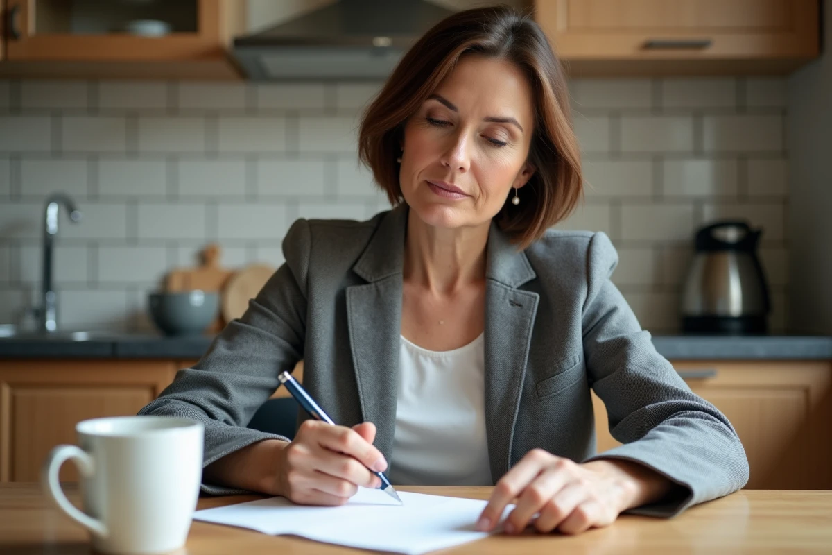 Femme d'âge moyen écrit une lettre à la maison